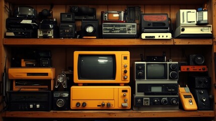 Obraz premium Classic Audio Gear. Vintage electronics collection showing retro radios, old televisions, classic audio equipment arranged on wooden shelves, perfect for nostalgic projects, technology history, retro