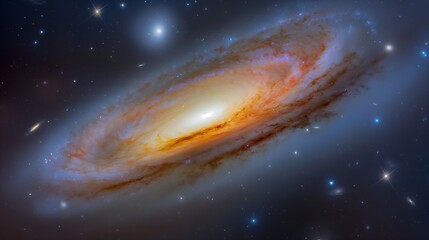 Fototapeta premium Misty flaring galaxy in dark cosmic void image. Round foggy formation with bright center photography scene wallpaper. Unknown location in space concept photorealistic photo