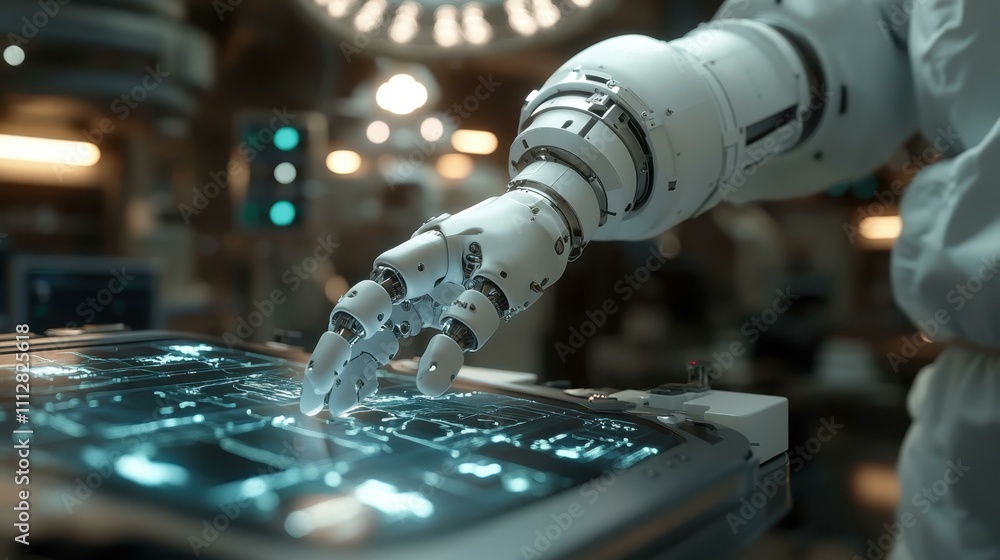 Aufkleber virtual reality interface. futuristic robotic hand interacting with digital holographic interface in