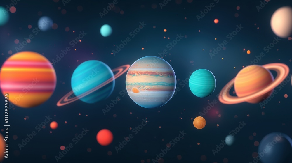 Aufkleber different planets and particles in outer space 3d rendering image. colorful spheres in night sky bac