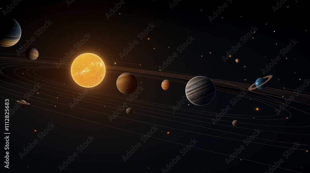 Poster solar system model with sun and planets 3d rendering image. fright hot star and globes in outer spac