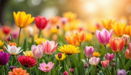 Vibrant tulip garden with colorful blooms in soft sunlight creating a cheerful atmosphere