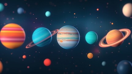 Different planets and particles in outer space 3d rendering image. Colorful spheres in night sky background wallpaper colorful realistic. Funny astronomy for children concept idea
