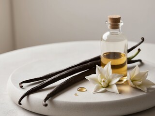 vanilla pods with vanilla essence in a bottle and vanilla flower.