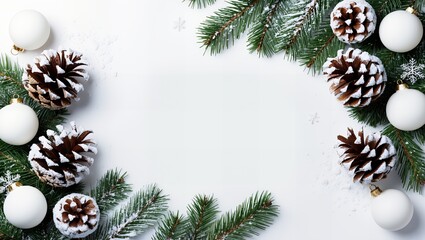 A festive Christmas tree framed by baubles, set against a clean white background, creating a bright and joyful holiday atmosphere.
