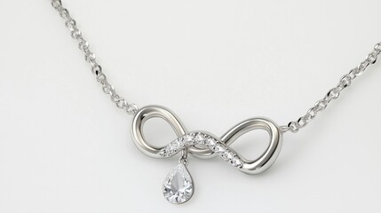 Elegant silver necklace with infinity-shaped loops and teardrop diamond pendants, featuring polished metal details and a delicate chain, perfect for sophisticated and timeless fashion.