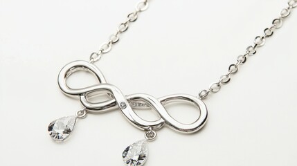 Elegant silver necklace with infinity-shaped loops and teardrop diamond pendants, featuring polished metal details and a delicate chain, perfect for sophisticated and timeless fashion.