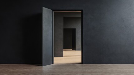 Mysterious Dark Room Interior Design with Open Doorway Leading to a Series of Rooms, Minimalist Architecture Concept