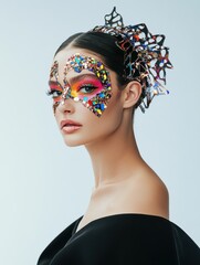 Elegant studio portrait of a woman wearing vibrant makeup and a unique artistic headpiece