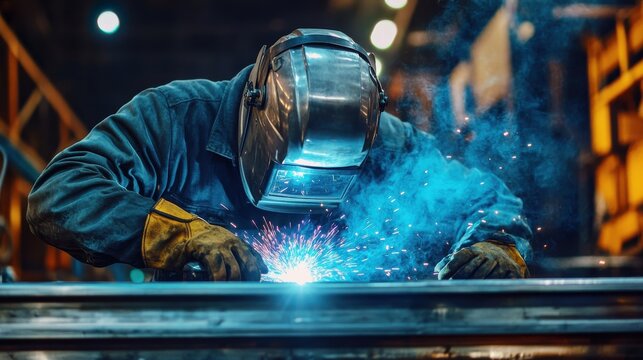 Welder at work with sparks flying in a metal fabrication workshop