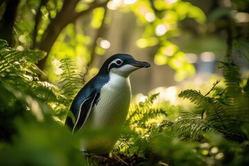 Penguin in a lush forest setting surrounded by greenery and dappled sunlight, perfect for wildlife and nature themes