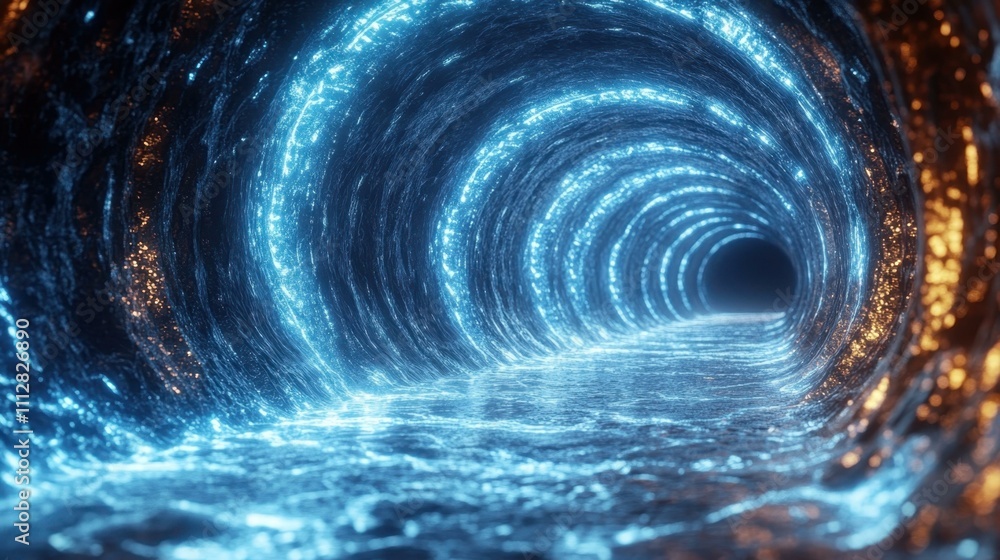 Poster digital light flow. futuristic glowing blue tunnel with flowing light particles, abstract digital vo