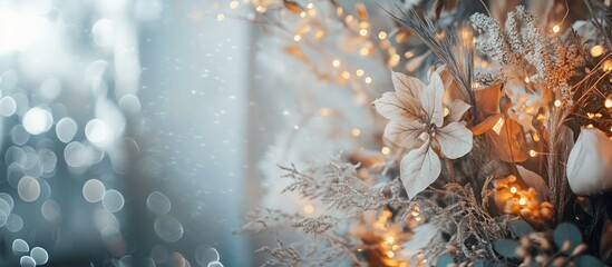 dried flowers leaves plants illuminated by small warm fairy lights, cozy festive atmosphere, blurred background with bokeh lights, banner with copy space. holiday greeting card, floral shop promotion.