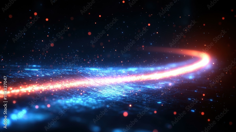 Poster cosmic light patterns. glowing abstract light trail flowing through dark space with sparkling partic