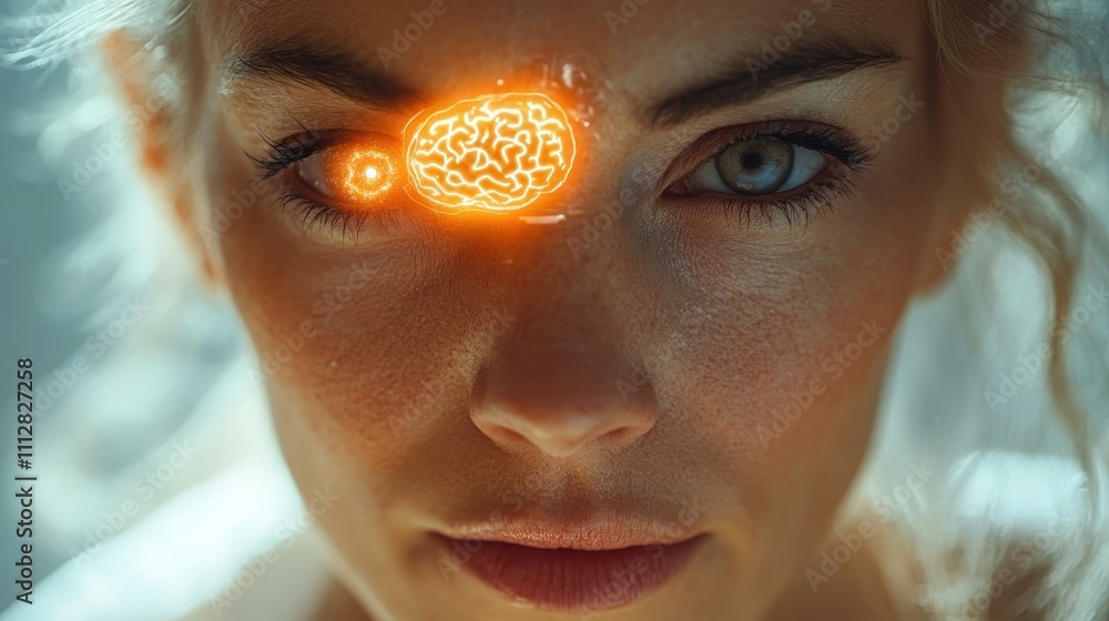 Poster the elderly woman using a brain-computer interface her glowing face controlling virtual elements wit