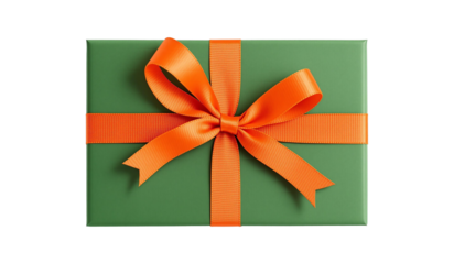 A green gift box with an orange ribbon bow, ready for a celebration on transparent background 