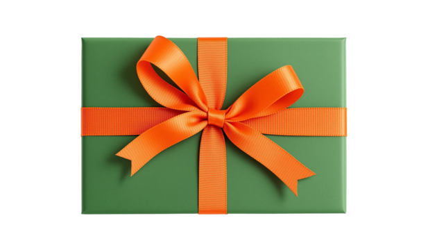A green gift box with an orange ribbon bow, ready for a celebration on transparent background 