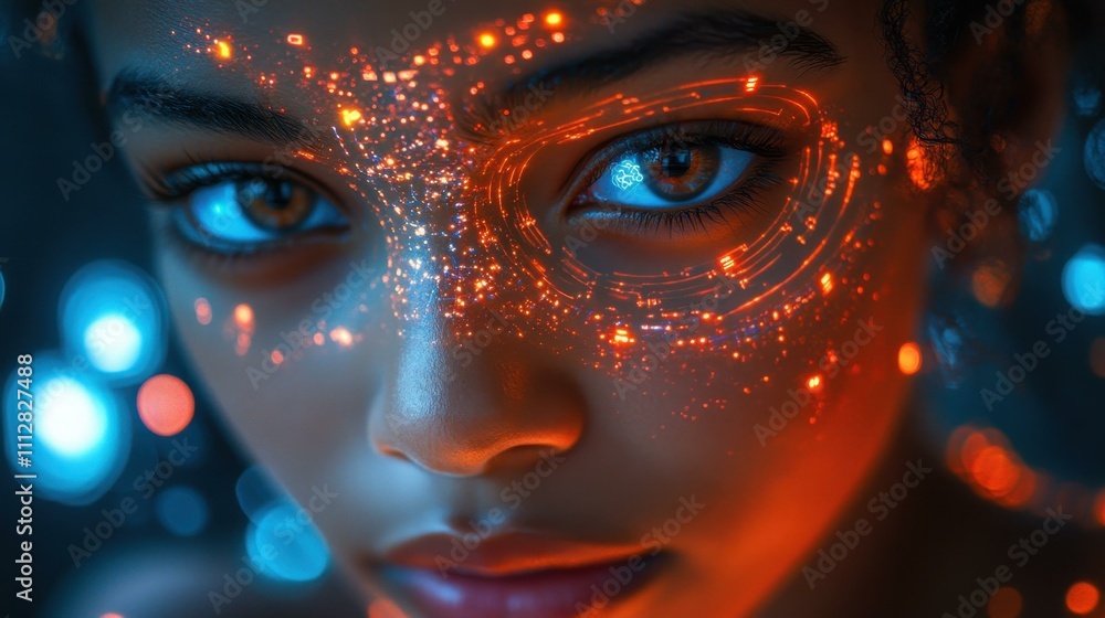 Poster the teenage girl using a brain-computer interface her glowing face controlling virtual elements with