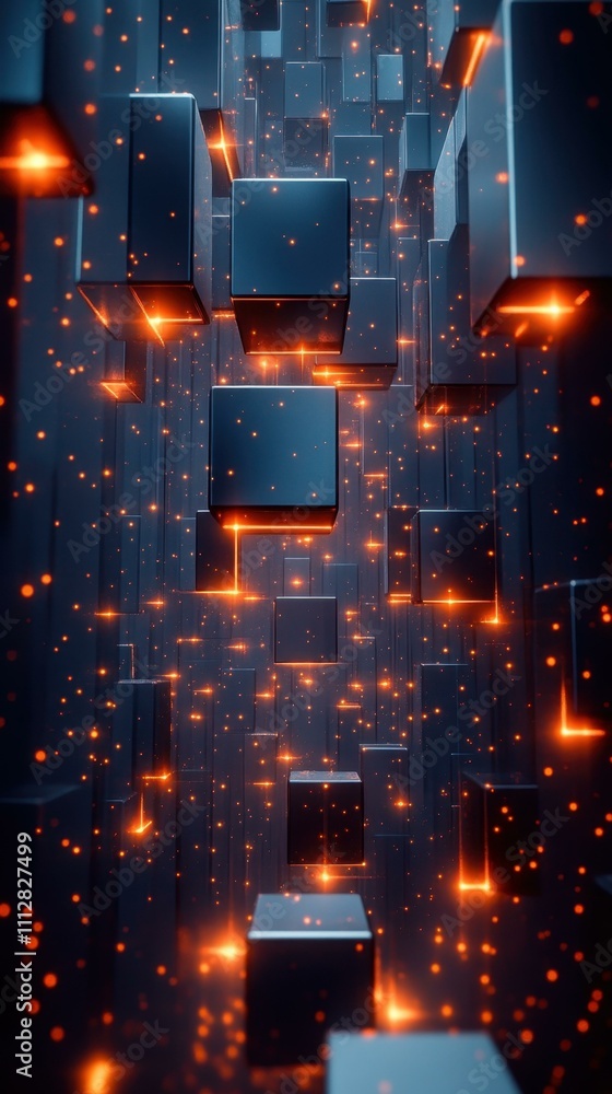 Aufkleber cybersecurity data streaming. futuristic 3d cubes floating in digital space with glowing orange spar