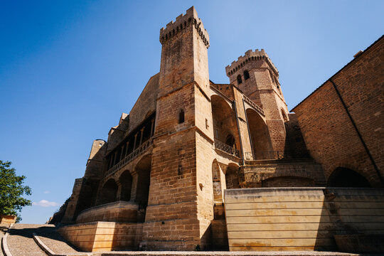 A low-angle view of a historic stone castle