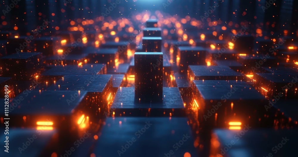 Poster digital network security. futuristic glowing cubes technology background digital circuit board abstr