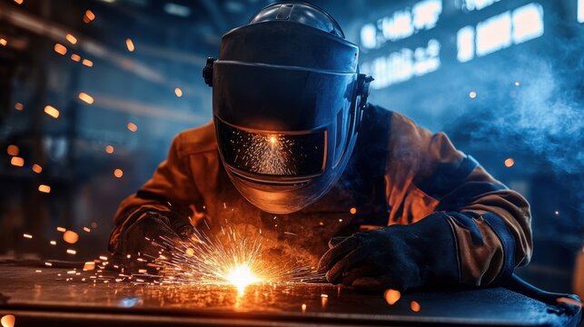 Welder in protective gear working in industrial factory setting
