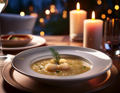 Cena romantica con velas y un plato con crema vegetal sobre una mesa con luces desenfocadas en el fondo
