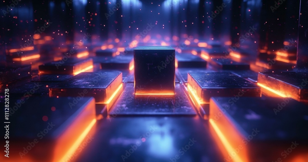 Poster digital neon circuit. futuristic glowing circuit board with illuminated microchip close-up, technolo