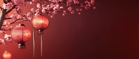Chinese New Year Two red lanterns hanging from a tree branch