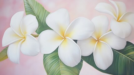 Obraz premium Close-up of delicate, white plumeria flowers with vibrant green leaves on a soft pink background.