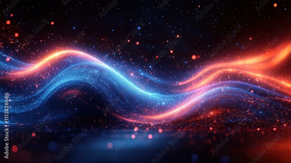 Poster an blue and orange dynamic digital illustration with undulating lines dots and waveforms in vibrant 