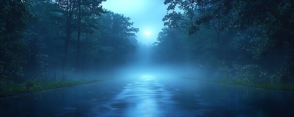 Obraz premium A misty road illuminated by moonlight at night.
