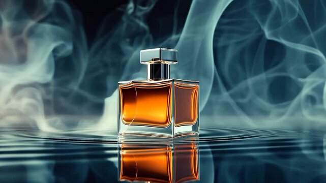 ​A luxurious blue glass perfume bottle with a spray nozzle, showcasing fragrance and beauty products