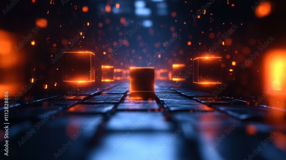 Poster virtual reality interface. futuristic computer keyboard key glowing in digital cyber space with boke