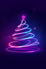 Colorful neon Christmas tree on dark background.