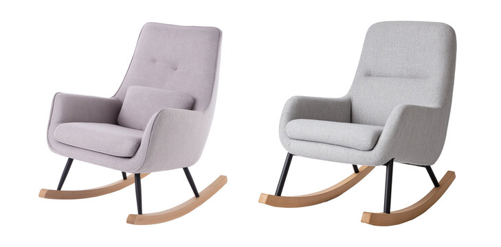 recommend clip art: Modern upholstered rocking chairs with wooden base image isolated transparent, ai generated. Relaxation furniture cut out photo png. Cozy seating. Comfortable rocker cutout objects set photography