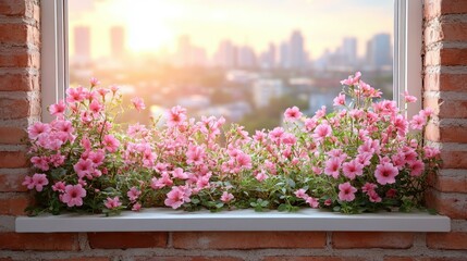 Fototapeta premium City Skyline Sunrise. Window with blooming pink flowers, city skyline in the background during sunrise or sunset, perfect for home decor, gardening blogs, romantic themes, or spring season imagery wi