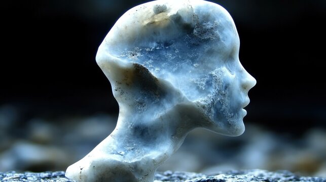 Stone Carving Art. Abstract stone sculpture of human head profile close-up, artistic rock portrait for creative projects, contemporary art, nature background, moody lighting, textured surface, unique