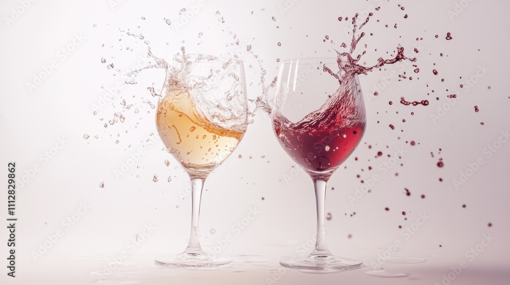 Poster a splash of elegance: white and red wine in glasses creating dynamic water splashes.