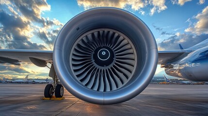 Majestic Airplane Engine at Sunset: A Close-Up View