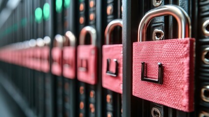 School Locker Security. Close-up of pink locker lock on row of black school lockers, education background, student storage, gym changing room, secure personal items, metal texture, selective focus, m