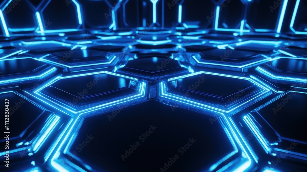 Poster intricate blue illuminated hexagonal patterns create a futuristic, tech-inspired atmosphere.