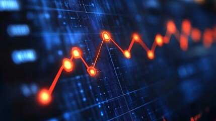 Stock Market Analysis. Financial graph with glowing red line chart showing stock market trends, data analysis for business reports, investment strategy, technology background with digital grid and fu