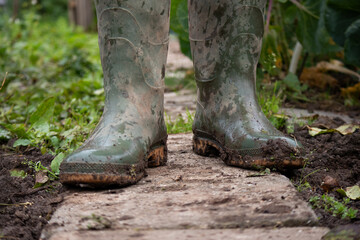 Dirty muddy green rain boots in the vegetable garden standing on tiles with soil around them