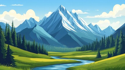 A tranquil landscape featuring majestic mountains and a winding river through lush green meadows.