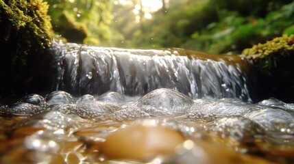 Forest Hiking Trails. Close-up of clear flowing water stream over smooth pebbles in forest nature scene, perfect for outdoor adventure, environmental, relaxation, background, wellness, or travel them
