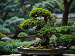 A bonsai tree shaped like a twisting dragon in a serene Japanese garden