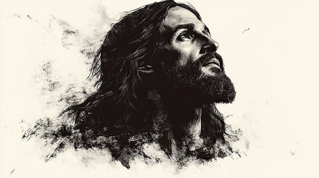 portrait of jesus christ on white background black and white illustration