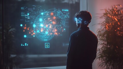 A man is looking at a computer screen with a blue and red circle on it