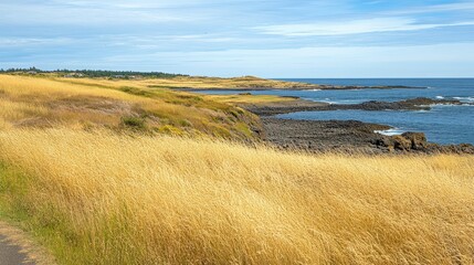 Coastal grassland meets ocean horizon on sunny day.